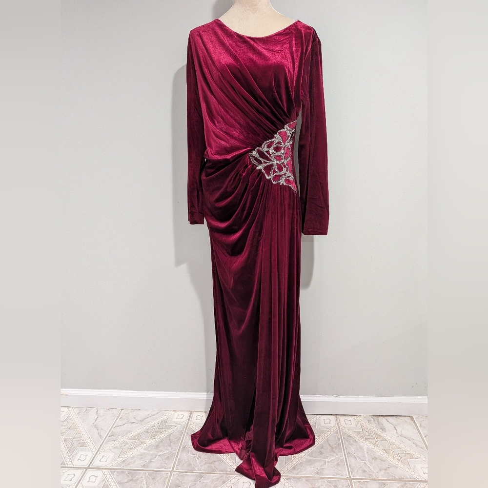 Burgundy Velvet Long Sleeve Evening Gown Formal Maxi Dress  Embellished XXXL 16